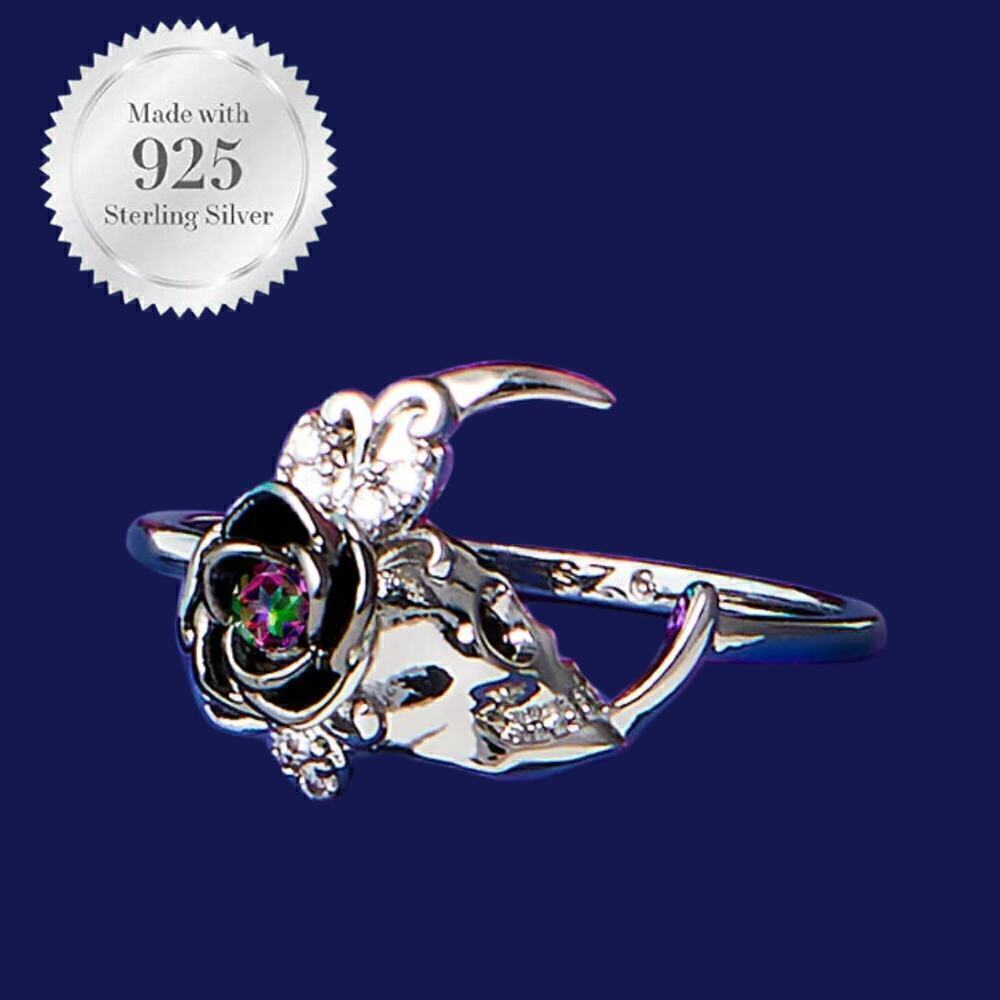 Size 10 Sterling Silver Skull Crescent Moon Rainbow Topaz Ring